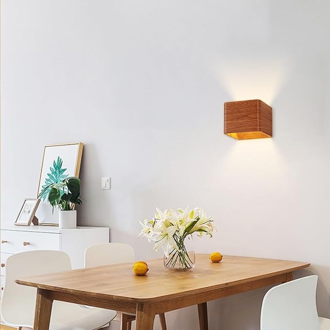 Modern Wall Light Small 7W LED 3000K Warm Light Fixtures Indoor Up Down Wall Wash Lamp Minimalist Wall Sconce Lighting for Living Room Bedroom Hallway Corridor Stairs(Wood Grain)