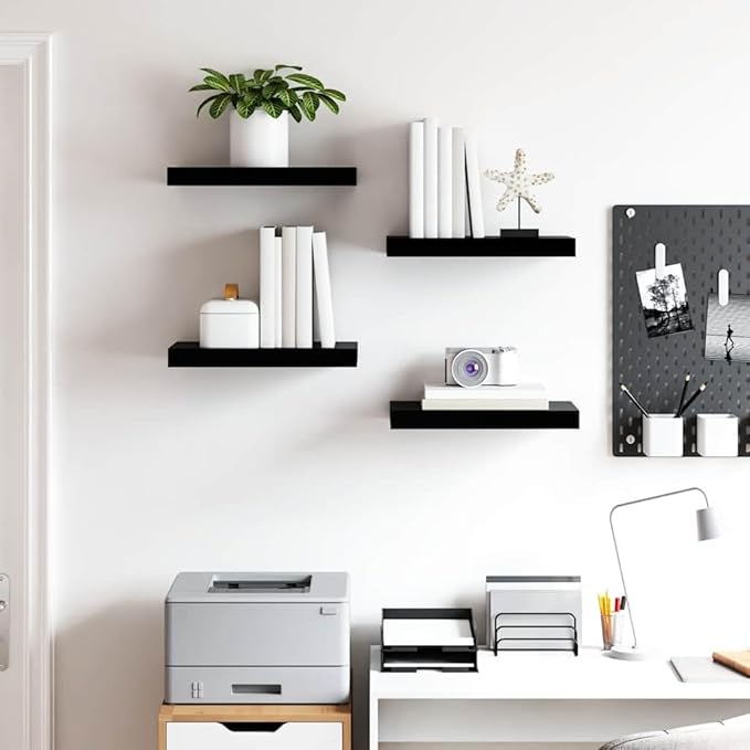 Set of 4 High Gloss Black Honeycomb MDF Floating Wall Shelves Modern Display Storage for Living Room Bedroom Office