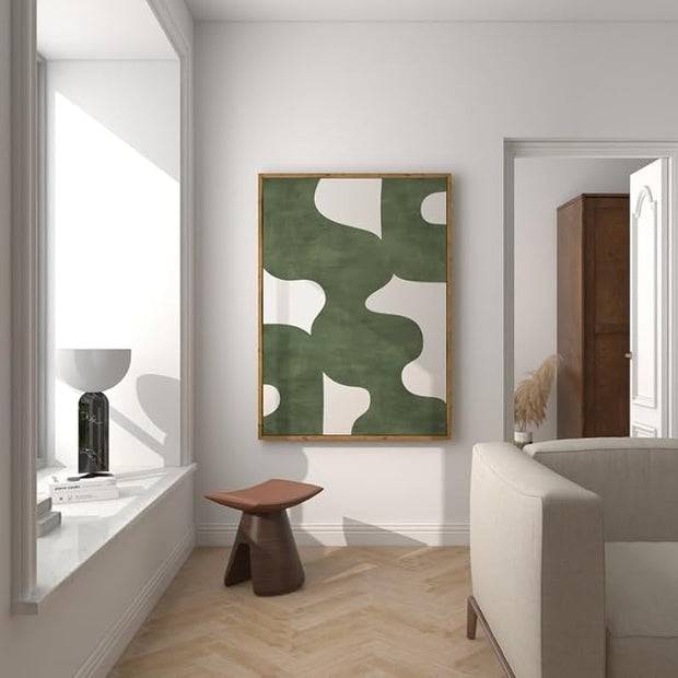 Nationcog Green Mid Century Wall Art, Minimalist Abstract Poster with Beige Tones, Retro Organic Shape Print, Modern Neutral Home Decor for Living Room or Entryway (Unframed) (9x11)