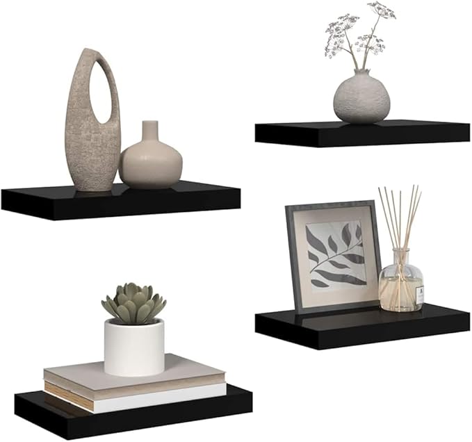 Modern High Gloss Black Floating Wall Shelf Set of 4, Honeycomb MDF Small Shelves for Stylish Storage and Display