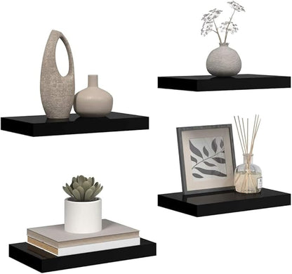 Modern High Gloss Black Floating Wall Shelf Set of 4, Honeycomb MDF Small Shelves for Stylish Storage and Display