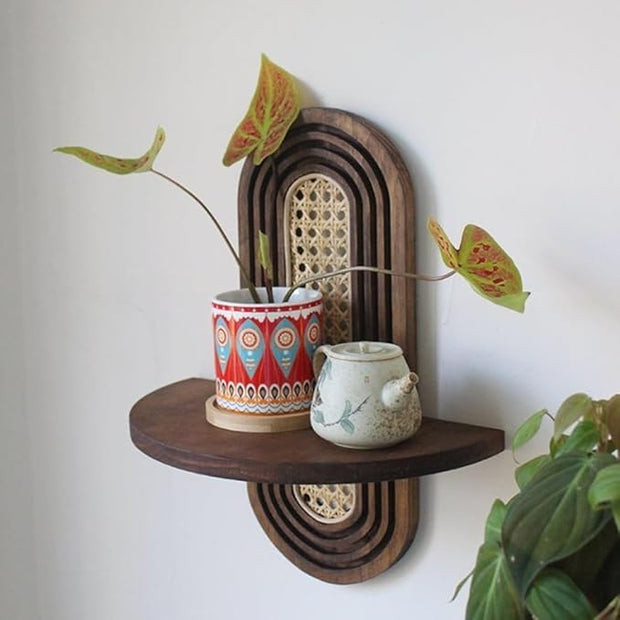 Arch Rattan Floating Shelf, Mid-Century Wood Wall Mounted, Bohemian Hanging Shelf, Modern Rattan Wall Shelf, Arch Wall Decor for Bedroom Living Room Display(Brown)