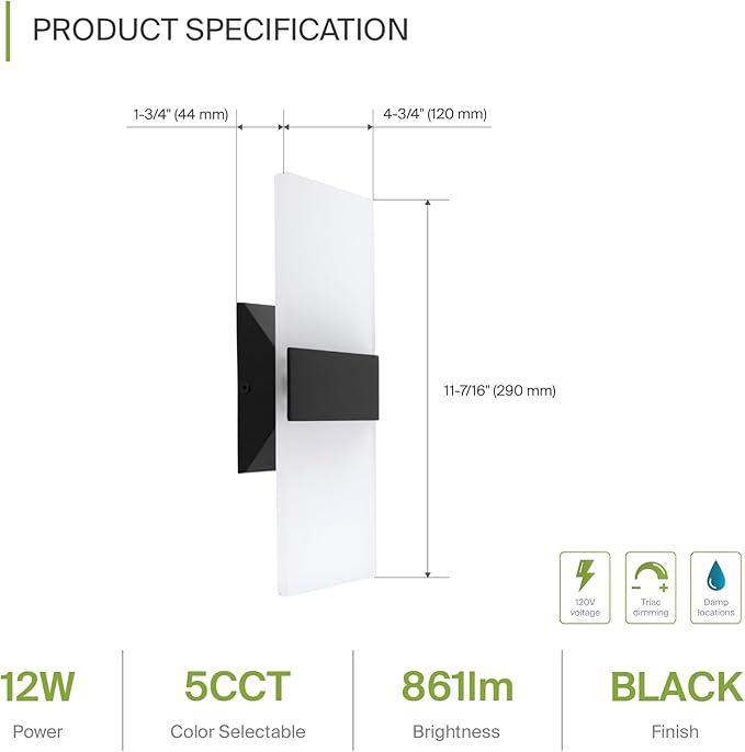 ASD LED Indoor Wall Mount Light Fixture - 12 Inch 12W Modern Interior Matte Black Dimmable Wall Sconce Light - UL 2700K-5000K Adjustable - Hallway, Bedroom LED Wall Lights