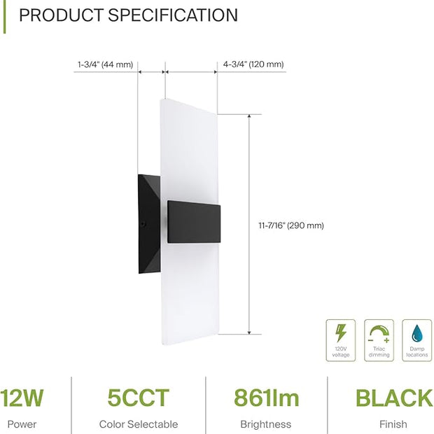 ASD LED Indoor Wall Mount Light Fixture - 12 Inch 12W Modern Interior Matte Black Dimmable Wall Sconce Light - UL 2700K-5000K Adjustable - Hallway, Bedroom LED Wall Lights