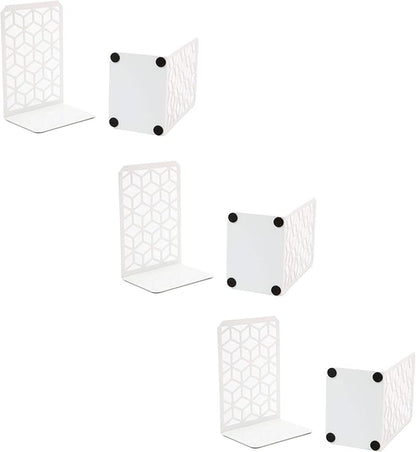 Geomod 3D Cube White Metal Bookends Decorative for Heavy Books - Sturdy Boho Book Stops - Minimal Book Shelf Stopper - Durable Office Bookends - Weighted Metal Book Holders - 7x4.75 Inches - 3 Pair