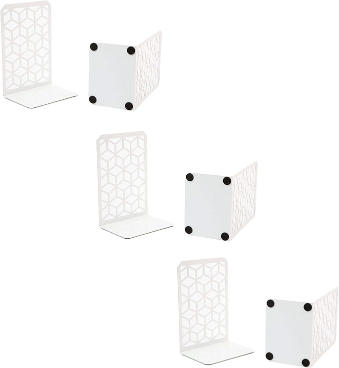 Geomod 3D Cube White Metal Bookends Decorative for Heavy Books - Sturdy Boho Book Stops - Minimal Book Shelf Stopper - Durable Office Bookends - Weighted Metal Book Holders - 7x4.75 Inches - 3 Pair