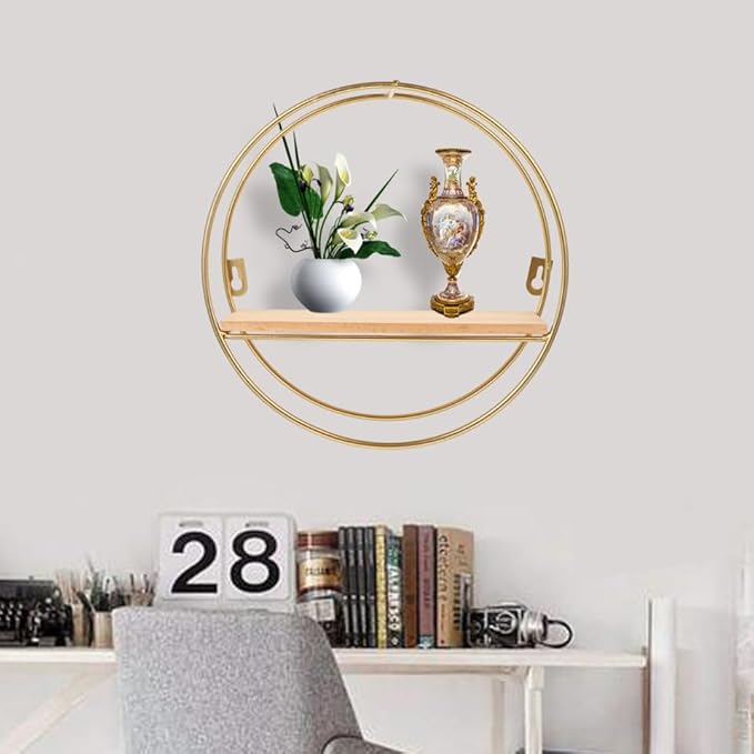ABOOFAN Round Wall Floating Shelves, 10'' Small Gold Metal Wire Geometric Circle Organizer Wall Shelf, Space-Saving Decorative Display Floating Rack for Living Room, Office