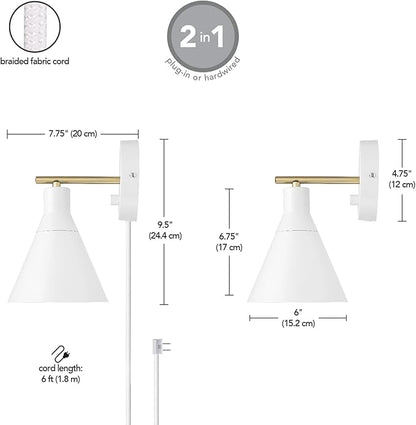 Globe Electric 65542 1-Light Plug-in or Hardwire Wall Sconce, Matte White, Brass Accent, Stepless Dimming Rotary Switch, Fabric Cord, Modern Lighting for Apartment or Renters, Home Decor