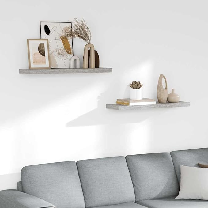 Set of 2 Concrete Grey Honeycomb MDF Floating Wall Shelves with Invisible Mounting System for Modern Home Office Decor and Display Storage