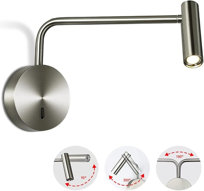 ZEROUNO Wall Mounted Reading Light Swing Arm Bedside Lamps for Bedroom Hardwired Sconces with Switch LED Mounted for Home Decor Wall Lighting Fixtures Indoor (Silver)