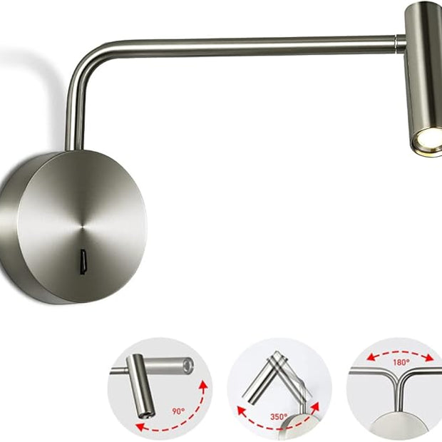 ZEROUNO Wall Mounted Reading Light Swing Arm Bedside Lamps for Bedroom Hardwired Sconces with Switch LED Mounted for Home Decor Wall Lighting Fixtures Indoor (Silver)