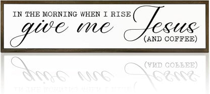 Coffee Wood Sign, Rustic Wooden Hanging Signs, Desk Decor Art, Coffees Lover Decoration for Home Kitchen Bedroom, Coffees Station Decor, When I Rise Give Me Jesus and Coffee Sign, 17.8x4x1.2 inches