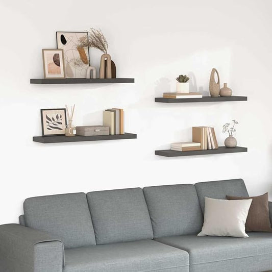 Set of 4 High Gloss Grey Floating Wall Shelves, Honeycomb MDF with Metal Brackets for Modern Decor, Durable Storage Solution for Living Room Office Bedroom
