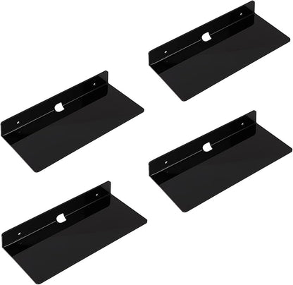IEEK 4 PCS Small Acrylic Floating Wall Shelves,9 Inch Adhesive Display Shelf for Nintendo Switch/Smart Speaker/Security Cameras/Action Figures,No Damage Expand Wall Space,Black