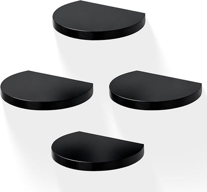Small Wood Floating Shelves (4-Pack, 6-inch Diameter) - Round Sturdy Invisible Wall Mount Display for Small Plants,Toys,Bathroom,Living Room Storage & Modern Rustic Décor (Black)