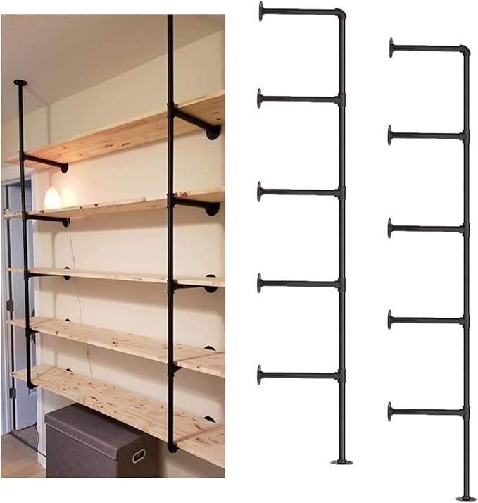 Industrial Wall Mount Iron Pipe Shelf Shelves Shelving Bracket Black Vintage Retro Ceiling Hung Shelf DIY Open Bookshelf Storage for offcie Room Kitchen (2PcsX5Tier,68