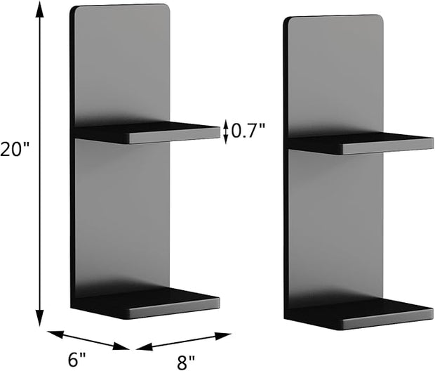 Floating Wall Shelves Set of 2, Black Solid Wood Double Layer Wall Mounted Shelf, 20 x 8 x 6 Inches, Modern Storage for Bedroom, Bathroom, Kitchen, Home Decor, Plants & Cosmetics
