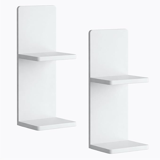 Floating Wall Shelves Set of 2, White Solid Wood Double Layer Wall Mounted Shelf, 20 x 8 x 6 Inches, Modern Storage for Bedroom, Bathroom, Kitchen, Home Decor, Plants & Cosmetics