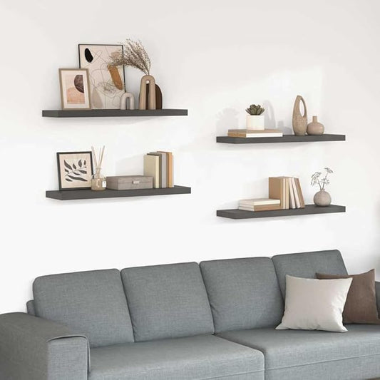 Set of 4 Floating Wall Shelves High Gloss Grey Honeycomb MDF Metal Mounted Modern Display Storage for Living Room Bedroom Office Decor