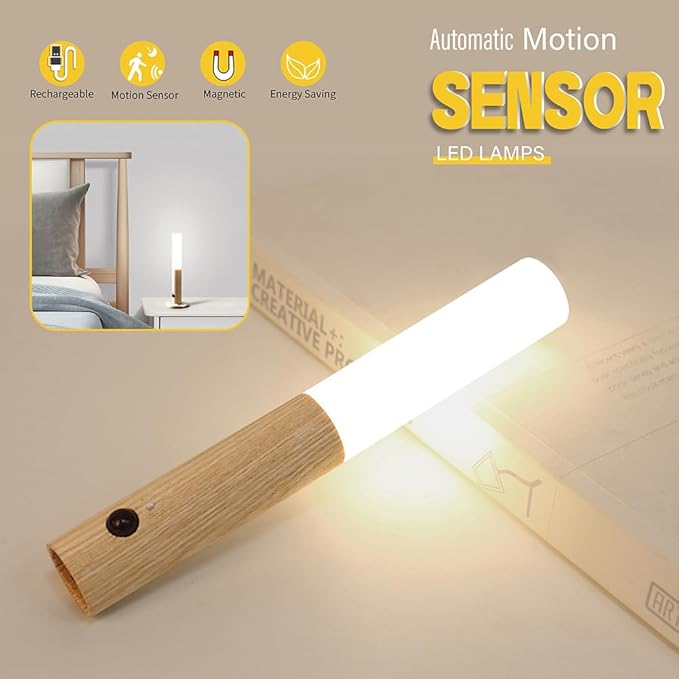 LANDGOO Wooden Motion Sensor Night Lights, Magnet Body Hallway Lamp, Rechargeable LED Wall Sconces, Portable for Stairway Bedroom, Battery Powered (White Ash Wood 2PC)