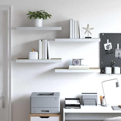 Floating Wall Shelf Set of 4, Oak and White Honeycomb MDF with Metal Standard, Invisible Mounting System for Modern Decor, Space-Saving Design, Durable Engineered Wood