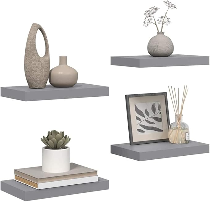 Set of 4 Gray Honeycomb Floating Wall Shelves, MDF and Metal Medium Wall Shelf Set for Living Room Bedroom, Modern Storage Display Organizer