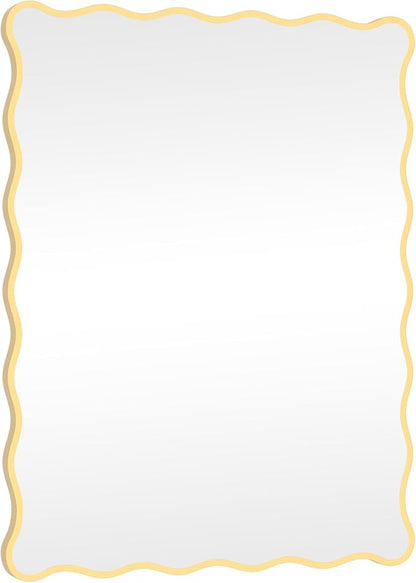 Gold Wavy Mirror Whit Wood Frame, 18" x 24" Small Rectangle Boho Mirror for Nursery Wall Decor, Bathroom Vanity, Bedroom, Living Room, Entryway