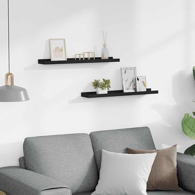 Frame Ledge Shelf Set of 2 Black MDF 23.6 Inch Wall Mounted Storage for Photos and Art, Minimalist Display Shelf with Easy Installation for Living Room Decor