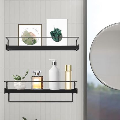 Wall Decor Floating Shelves, Home Decor with Towel Bar/Hooks, Wall Shelves for Bathroom/Living Room/Kitchen/Bedroom, (Black-Black) Floating Bathroom Shelves