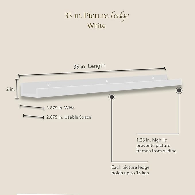 Opposite Wall 35 in White Pine Wood Wall Mounted Floating Picture Ledge Shelf | Minimalist, 1 Shelf, Ideal for Bedroom, Kitchen, Bathroom, Office, Easy Installation, Mounting Hardware Included