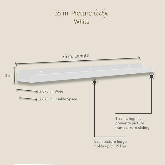 Opposite Wall 35 in White Pine Wood Wall Mounted Floating Picture Ledge Shelf | Minimalist, 1 Shelf, Ideal for Bedroom, Kitchen, Bathroom, Office, Easy Installation, Mounting Hardware Included