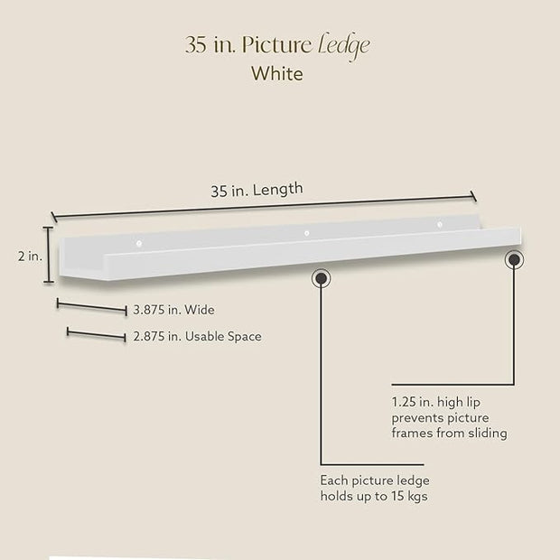Opposite Wall 35 in White Pine Wood Wall Mounted Floating Picture Ledge Shelf | Minimalist, 1 Shelf, Ideal for Bedroom, Kitchen, Bathroom, Office, Easy Installation, Mounting Hardware Included