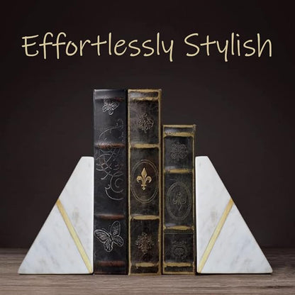 Marble Bookends Handcrafted Heavy Marble Triangular Bookshelf Decor Brass Inlay Set of 2 Decorative Bookends Book Stoppers with Non-Skid Bottom Solid Home Kitchen Office Shelves Triangle