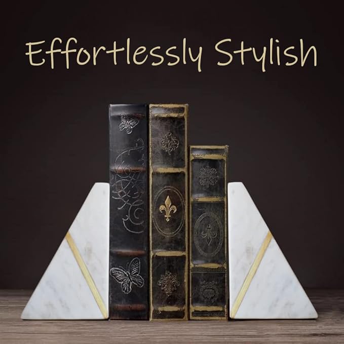 Marble Bookends Handcrafted Heavy Marble Triangular Bookshelf Decor Brass Inlay Set of 2 Decorative Bookends Book Stoppers with Non-Skid Bottom Solid Home Kitchen Office Shelves Triangle