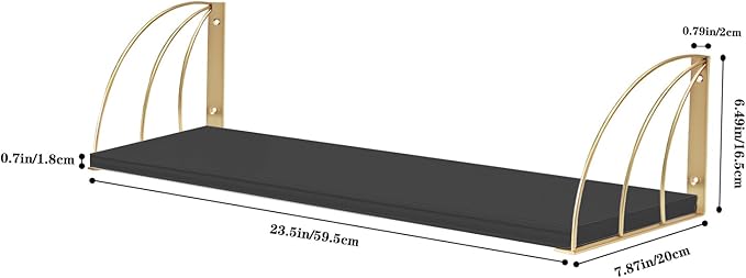 Pine Wood Floating Shelves - 23.57.87 Inch Black & Gold Floating Bookshelf Set of 2 with Elegant Lines