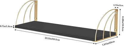 Pine Wood Floating Shelves - 23.57.87 Inch Black & Gold Floating Bookshelf Set of 2 with Elegant Lines