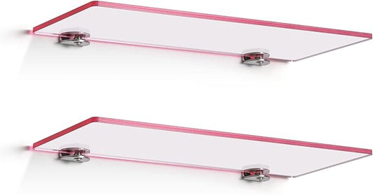 iobiotio Cute Pink Floating Shelves, 12 x 4'' Arylic Shelves for Wall, Decorative Clear Floating Shelves for Gril's Room, Bathroom, Wall Mounted, 2 Pcs