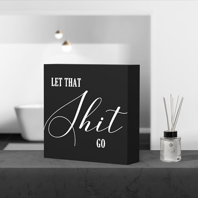 Funny Bathroom Decor Wood Box Sign, Black Farmhouse Toilet Sign with Humor, Restroom Shelf Decor for Guest Bath, Tabletop Countertop