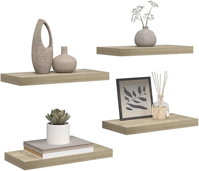 Wall Shelf Set of 4 Oak Honeycomb MDF Floating Shelves with Invisible Mounting System, Modern Metal Brackets for Living Room Bedroom Display Storage Organizer