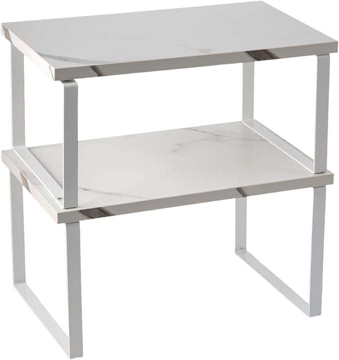 Cabinet Organizer Shelf, Set of 2 Expandable Kitchen Countertop Shelves with Spice Rack - Stackable Storage in Metal and Wood15.7 inches (White)