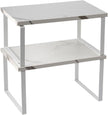 Cabinet Organizer Shelf, Set of 2 Expandable Kitchen Countertop Shelves with Spice Rack - Stackable Storage in Metal and Wood15.7 inches (White)