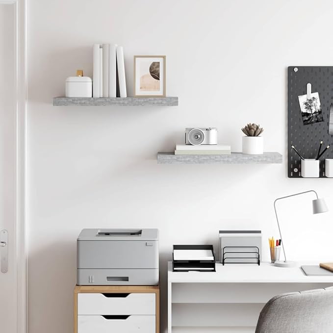 Concrete Grey Honeycomb MDF Floating Wall Shelf Set of 2, Metal Brackets for Modern Display and Durable Storage