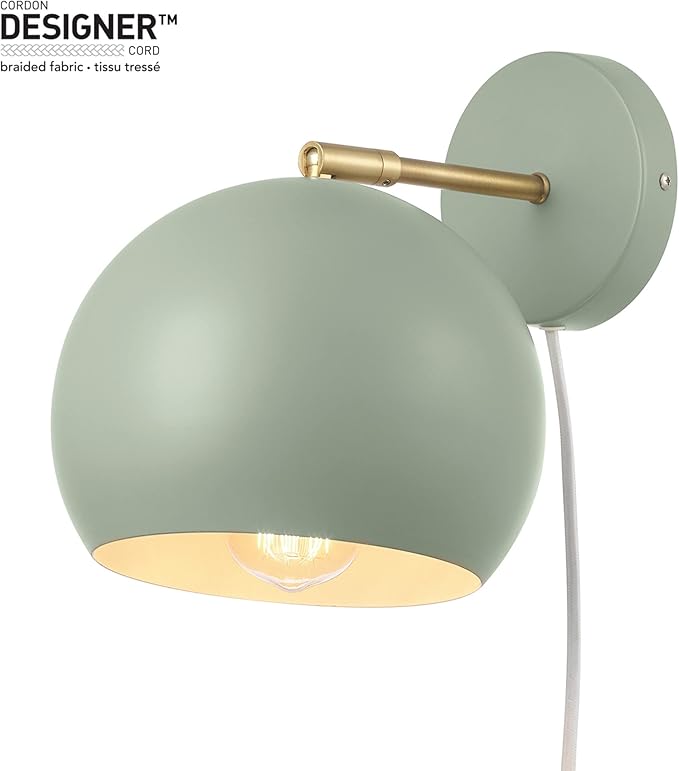 Globe Electric 65866 Willow 1-Light Plug-in or Hardwire Wall Sconce, Sage Green, Matte Brass Accent, Bulb Not Included