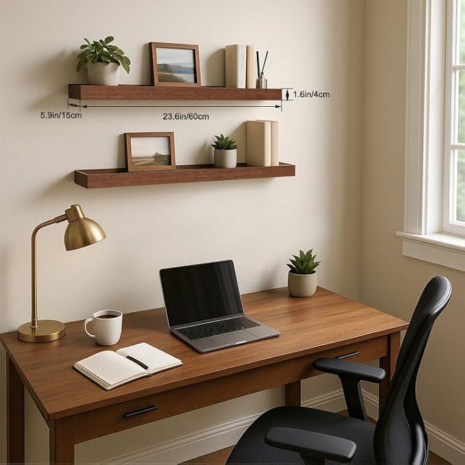 Floating Shelves for Wall, Wooden Wall Shelves for Bedroom Living Room Kitchen, Modern and Rustic Bathroom Shelves with Raised Lip, Decor Floating Shelf for Storage (Walnut-Like,2 Set,23.6 in)
