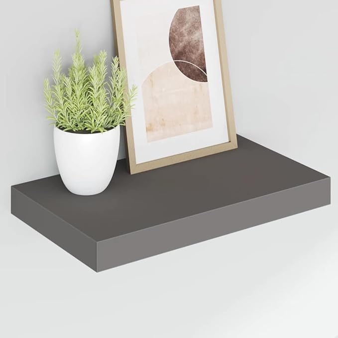 High Gloss Grey Floating Wall Shelf Set of 2, Honeycomb MDF and Metal Modern Display Storage for Books and Photos