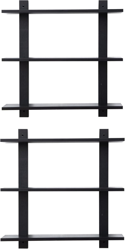 3 Tier Floating Shelves,Long Wall Shelf,Over The Toilet Shelves Bathroom Hanging Display Storage Rustic for Living Room Bedroom Kitchen Office Coffee Bar Decor Decorative,24 Inch,2 Pack,(Black)