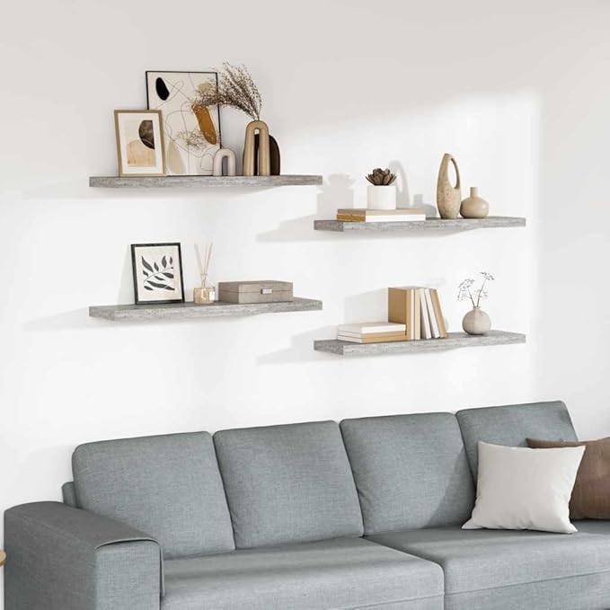 Concrete Grey Honeycomb MDF Floating Wall Shelf Set of 4 with Metal Frame for Living Room Office Storage Display