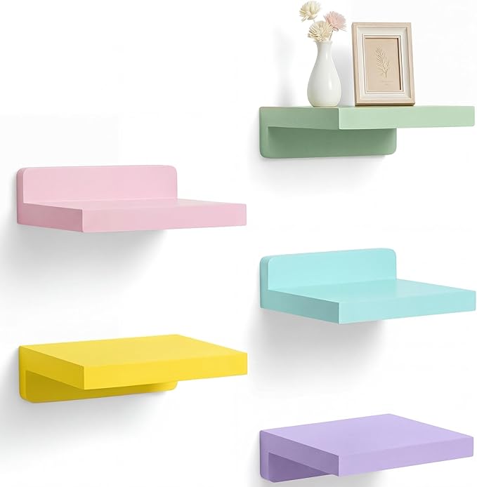 Novabright 5 Pack Small Floating Shelves Mini Shelves Hanging Display 5 Inch Wood Wall Shelf for Plant Bathroom Livingroom Bedroom with 2 Types of Installation Nursery Decor(Macaron)