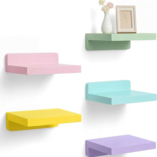 Novabright 5 Pack Small Floating Shelves Mini Shelves Hanging Display 5 Inch Wood Wall Shelf for Plant Bathroom Livingroom Bedroom with 2 Types of Installation Nursery Decor(Macaron)
