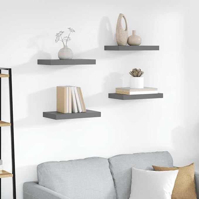 Set of 4 High Gloss Grey Honeycomb MDF and Metal Floating Wall Shelves, Modern Display Storage for Books and Decor with Easy Installation